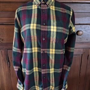 LL Bean Scotch Plaid Flannel Shirt Slightly Men's Medium - Red Green Yellow